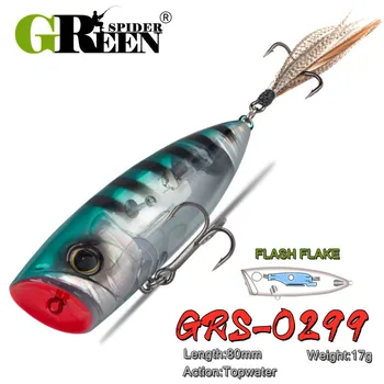 GREENSPIDER Flash Blade Плавающий поппер для ловли окуня Приманкой для поверхностной ловли 80 мм 17 г Крючок с перьями