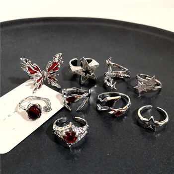 Корейская мода, винтажный эстетичный геометрический неправильной формы красный кристалл, звезда, металлическое кольцо серебристого цвета для женщин, ювелирные изделия в стиле Гранж Y2K EMO 0