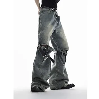 Мужские джинсы, расклешенные джинсы в стиле ретро, с высокой талией и объемной строчкой ремня, повседневные джинсовые брюки, рваные ковбойские длинные брюки, брюки