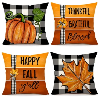 Осенние наволочки, набор из 4 тыкв, украшения для фермерского дома, Оранжевые кленовые листья, черные полосы, уличный осенний декор на День Благодарения 0