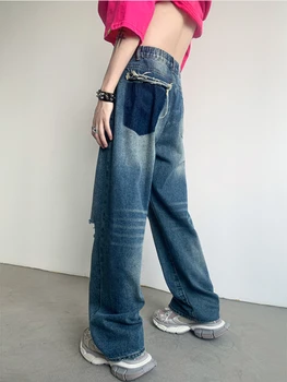Рваные Винтажные джинсы, мужские Хип-хоп Американские Ретро Уличная одежда, Джинсовые брюки, Одежда Y2k, S-3XL, Вакеро с широкими дырками, Выстиранные подростками 1
