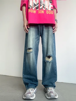 Рваные Винтажные джинсы, мужские Хип-хоп Американские Ретро Уличная одежда, Джинсовые брюки, Одежда Y2k, S-3XL, Вакеро с широкими дырками, Выстиранные подростками 3