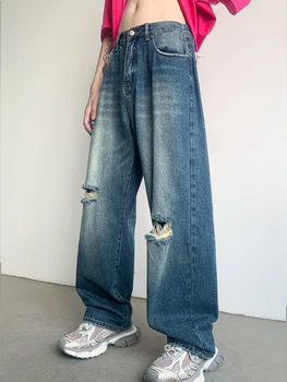 Рваные Винтажные джинсы, мужские Хип-хоп Американские Ретро Уличная одежда, Джинсовые брюки, Одежда Y2k, S-3XL, Вакеро с широкими дырками, Выстиранные подростками 5